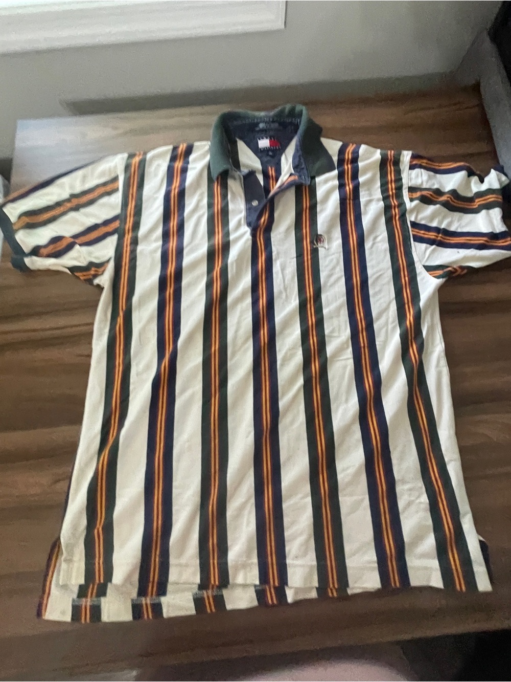 Vintage 80s Tommy Hilfiger Men’s Striped Polo in Cream, Navy & Green L
